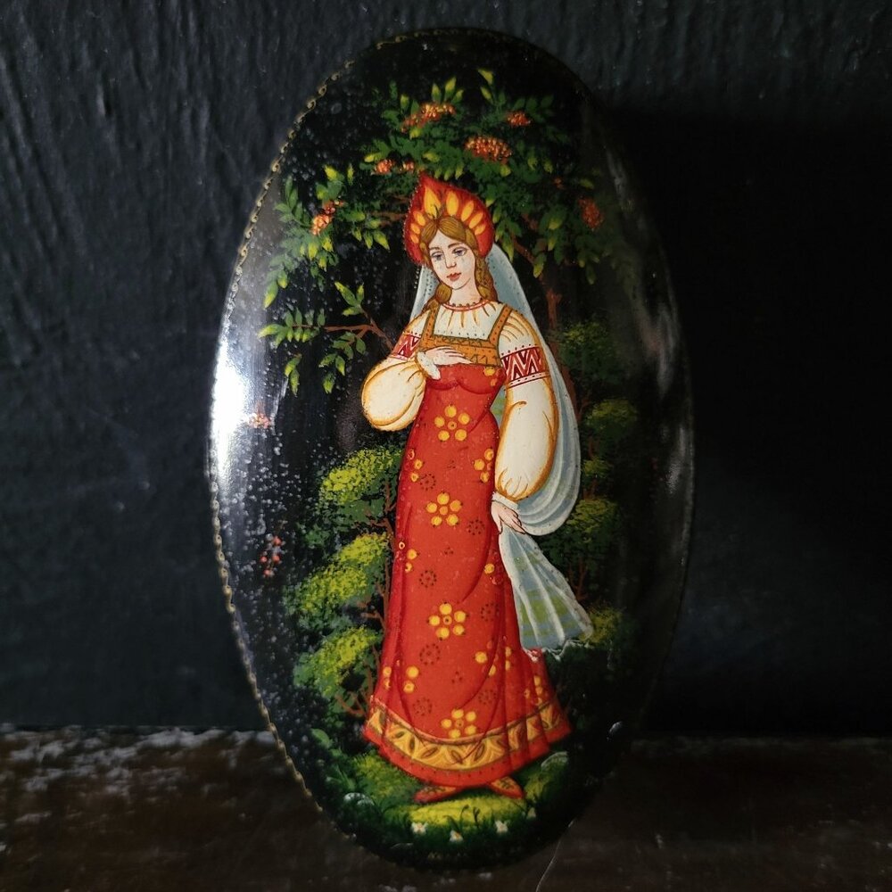 Vintage Hand-Painted Signed Russian Trinket Box, Enamel on Metal Box